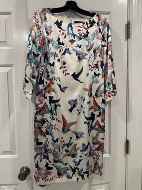 St. John Cream Silk Dress with Multicolor Bird Print
